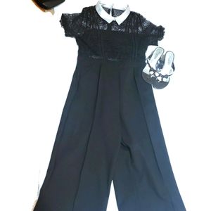 Venus black pant jumpsuit. Crotchet top with satin collar & tube top underneath